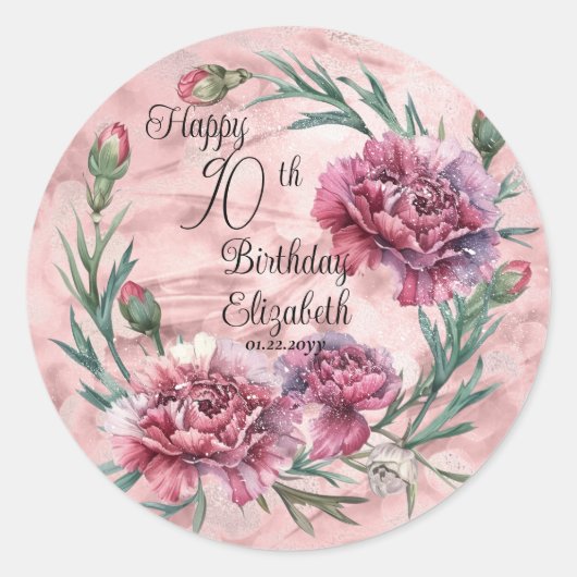 Elegant Pink Carnations 90th Birthday Party  Runder Aufkleber (Vorderseite)