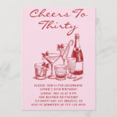 Elegant Pink Cheers to Thirty Cocktail Birthday Einladung (Vorderseite)