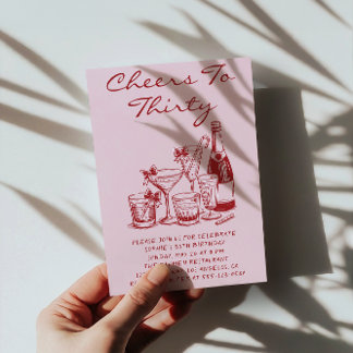 Elegant Pink Cheers to Thirty Cocktail Birthday Einladung