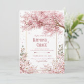 Elegant Pink Cherry Blossom Eucalyptus Gold Frame Einladung (Stehend Vorderseite)