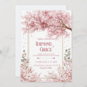 Elegant Pink Cherry Blossom Eucalyptus Gold Frame Einladung (Vorne/Hinten)