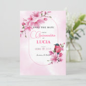 Elegant Pink Cherry Blossom Geometric Quinceañera Save The Date (Stehend Vorderseite)