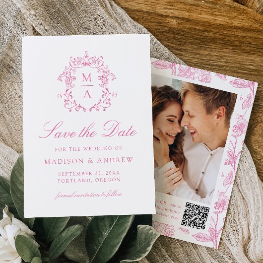 Elegant Pink Chinoiserie Floral QR Code Wedding Save The Date