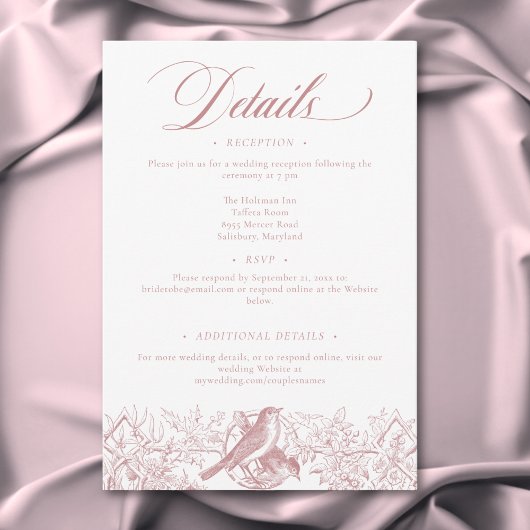 Elegant Pink Chinoiserie Natur & Vögel Hochzeit Begleitkarte