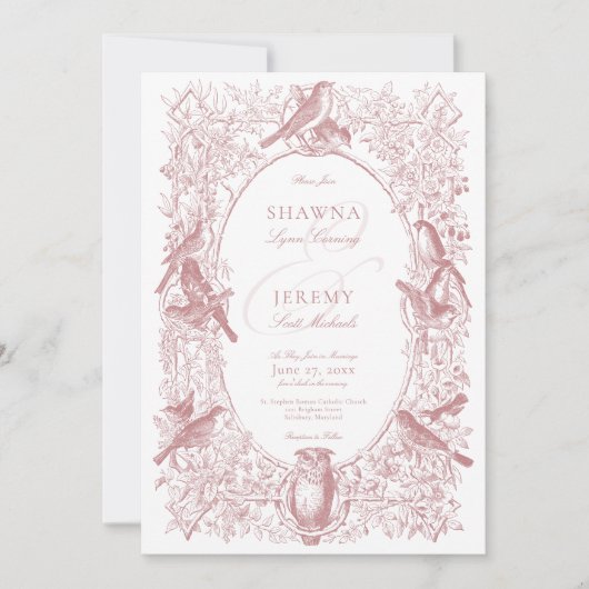 Elegant Pink Chinoiserie Natur & Vögel Hochzeit Einladung (Vorderseite)