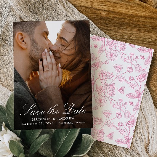 Elegant Pink Chinoiserie Photo Wedding Save The Date