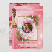 Elegant Pink Christmas Card with Custom FotoFrame Einladung (Vorne/Hinten)