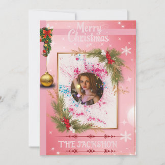 Elegant Pink Christmas Card with Custom FotoFrame Einladung