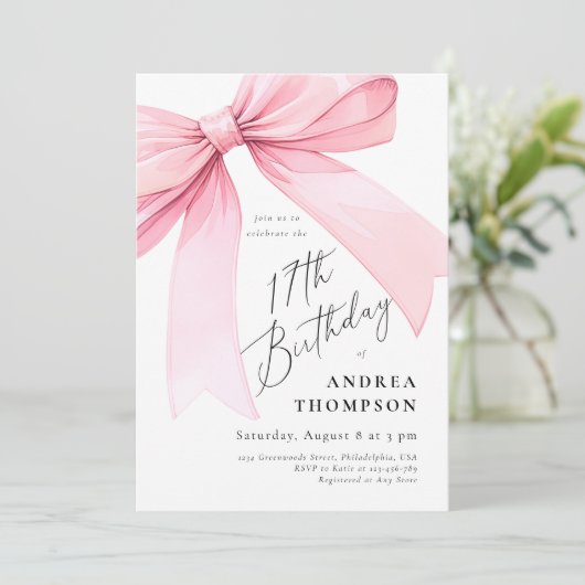 Elegant Pink Coquette Bow 17. BIrthday Girl Invi Einladung (Stehend Vorderseite)
