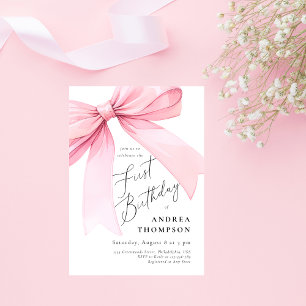 Elegant Pink Coquette Bow First BIrthday Girl Einladung