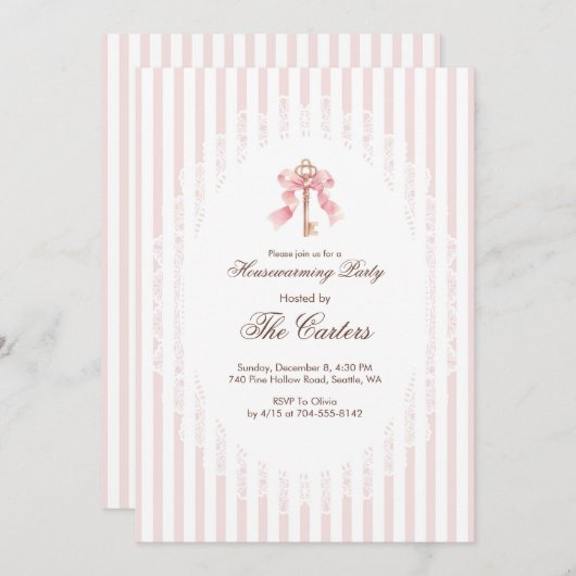 Elegant Pink Coquette Gold Key Housewarming Einladung (Vorne/Hinten)