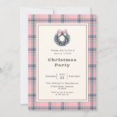 Elegant Pink Coquette Wreath Plaid Christmas Party Einladung (Vorderseite)