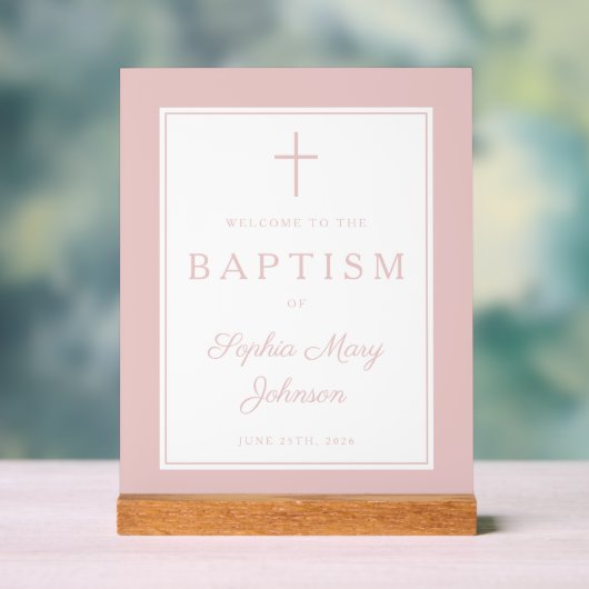 Elegant Pink Cross Girl Baptism Welcome Acrylschild (Neutral)