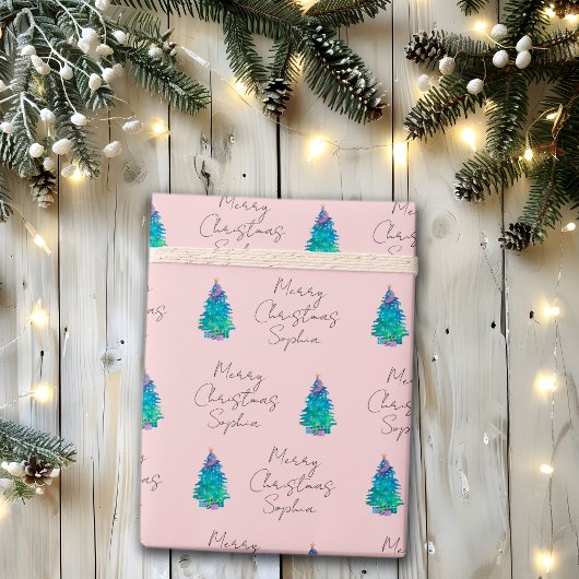 Elegant Pink Custom Merry Christmas Tree Wra Geschenkpapier