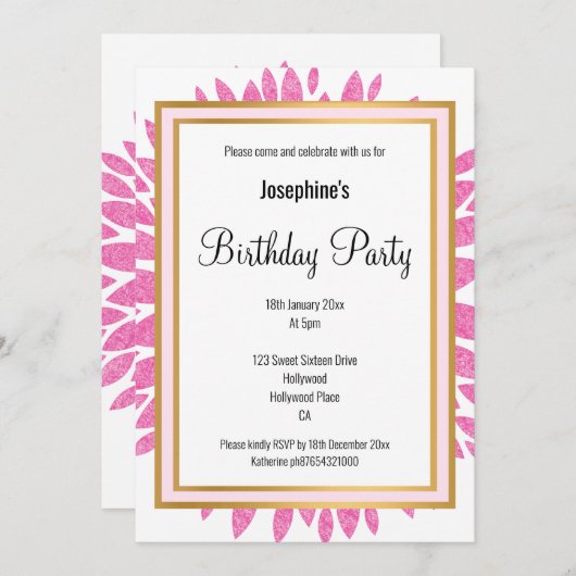 ELEGANT PINK DAHLIA GOLD BIRTHDAY EINLADUNG (Vorne/Hinten)