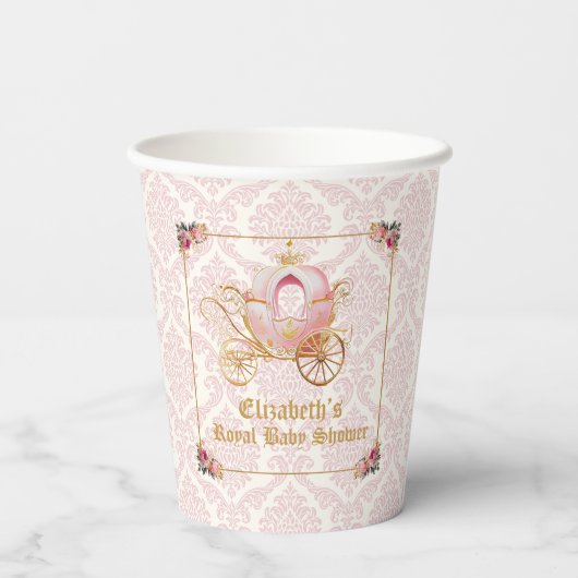 Elegant Pink Damask Princess Carriage Baby Shower Pappbecher (Rückseite)