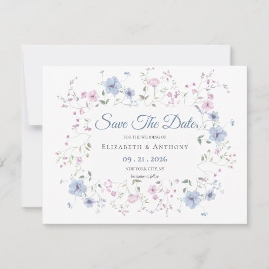 Elegant Pink & Dusty Blue Floral Wedding  Save The Date (Vorderseite)