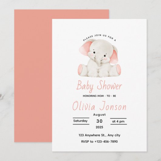 Elegant Pink Elephant Baby Shower Invitation Einladung (Vorne/Hinten)