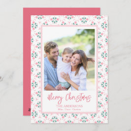 Elegant Pink Family Photo Pattern Script Christmas Feiertagskarte