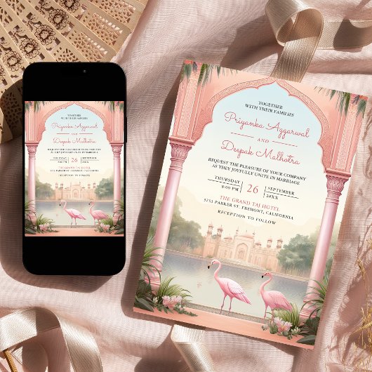 Elegant Pink Flamingos Indian Palace Arch Wedding Einladung