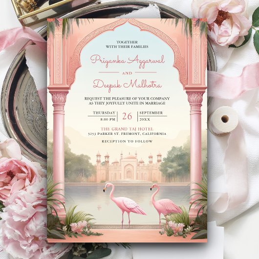 Elegant Pink Flamingos Indian Palace Arch Wedding Einladung