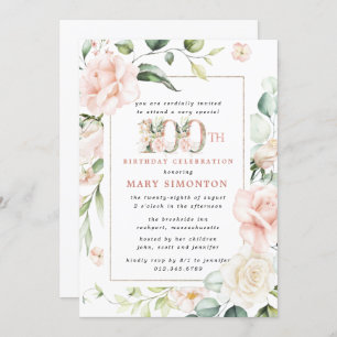 Elegant Pink Floral 100. Geburtstagsparty Einladung