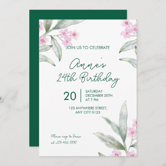 Elegant Pink Floral 24th Birthday Invitation Einladung (Vorne/Hinten)