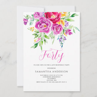 Elegant Pink Floral 40. Geburtstag Einladung