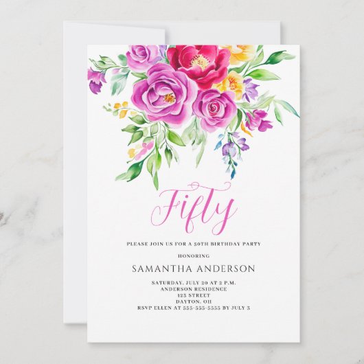 Elegant Pink Floral 50. Geburtstag Einladung (Vorderseite)