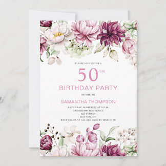 Elegant Pink Floral 50. Geburtstag Einladung