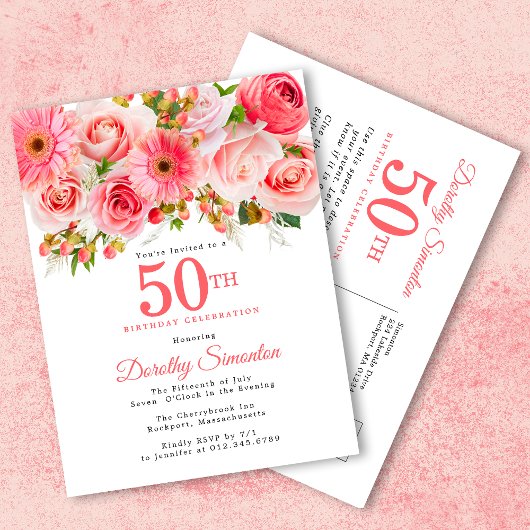 Elegant Pink Floral 50. Geburtstag Einladungspostkarte
