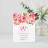 Elegant Pink Floral 50. Geburtstag Einladungspostkarte (Stehend Vorderseite)