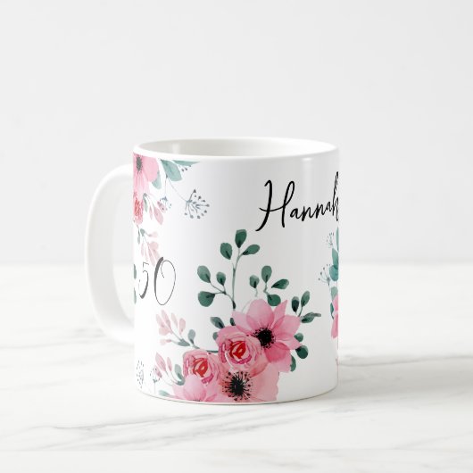 Elegant Pink Floral 50. Geburtstag Personalisiert Kaffeetasse (Vorderseite Links)