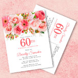 Elegant Pink Floral 60. Geburtstag Einladungspostkarte<br><div class="desc">Rose, Pfannkuchen und Traumwelten schaffen ein hübsches sommerlich rosa Blumendesign. Die Buden und das Laub verleihen dem Ganzen ein rustikales Ambiente. 60. ist in einem großen, fett gedruckten Text geschrieben. Es kann für jedes Jahr geändert werden, das Sie wünschen. Der Name des Geburtstags wird in einem eleganten Script-Schriftart geschrieben. Die...</div>