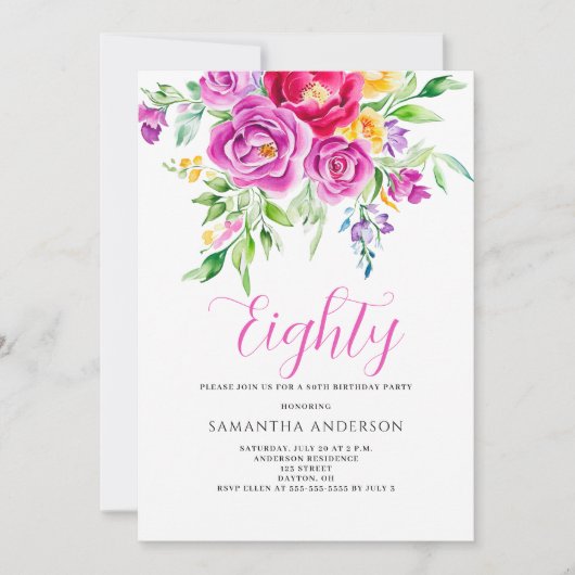 Elegant Pink Floral 80. Geburtstag Einladung (Vorderseite)