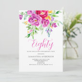 Elegant Pink Floral 80. Geburtstag Einladung (Stehend Vorderseite)