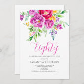 Elegant Pink Floral 80. Geburtstag Einladung (Vorne/Hinten)