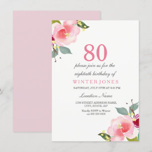 Elegant Pink Floral 80. Geburtstagsparty Einladung