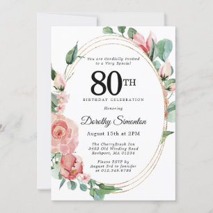 Elegant Pink Floral 80. Geburtstagsparty Einladung