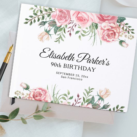 Elegant pink floral 90th birthday party  gästebuch
