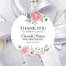 Elegant pink floral 90th birthday thank you runder aufkleber