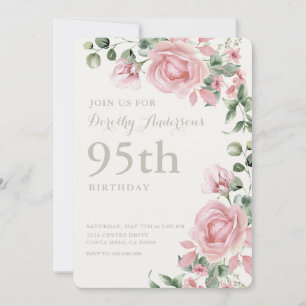 Elegant Pink Floral 95. BIrthday Party Einladung