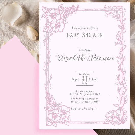 Elegant Pink Floral Baby Shower  Einladung