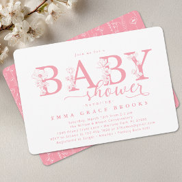 Elegant Pink Floral Baby Shower Typography Einladung