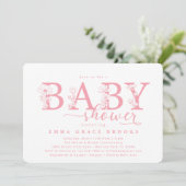 Elegant Pink Floral Baby Shower Typography Einladung (Stehend Vorderseite)