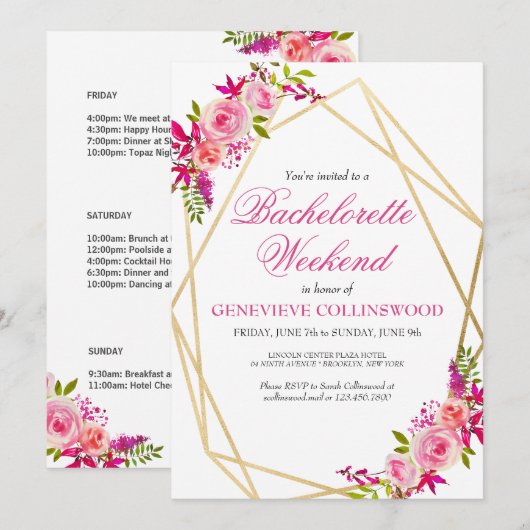 Elegant PInk Floral Bachelorette Weekend Tour Einladung (Vorne/Hinten)