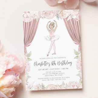 Elegant Pink Floral Ballerina Blonde Girl Birthday Einladung