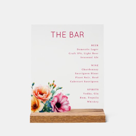 Elegant Pink Floral Bar Menu Acrylschild (Vorderseite)