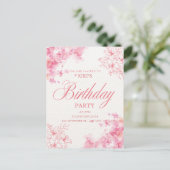 Elegant Pink Floral Birthday Invitation Ankündigungspostkarte (Stehend Vorderseite)