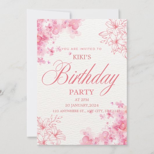 Elegant Pink Floral Birthday Invitation Dankeskarte (Vorderseite)